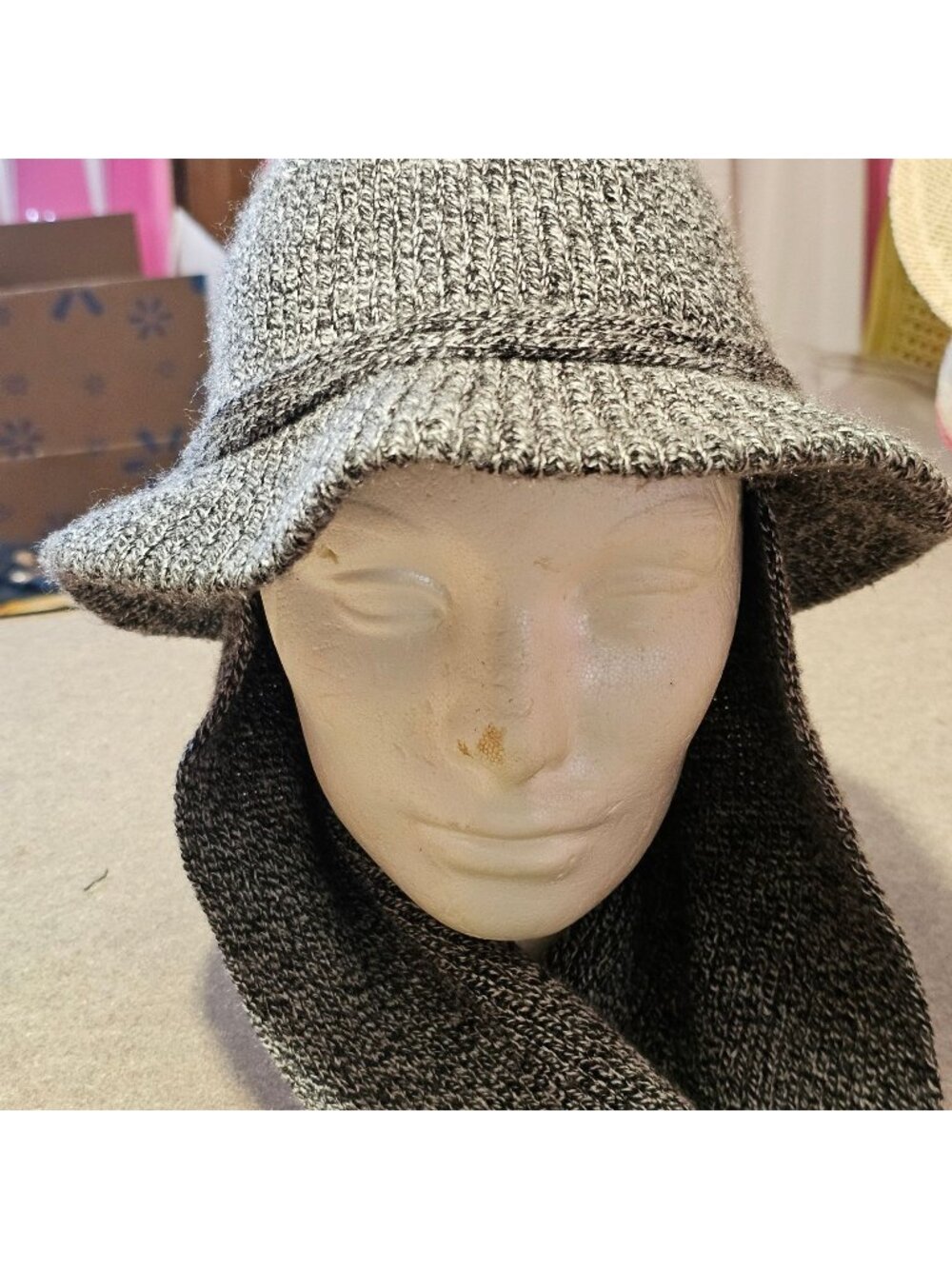 H0004 Grey Knit Winter Bucket Hat Built in Scarf for Women